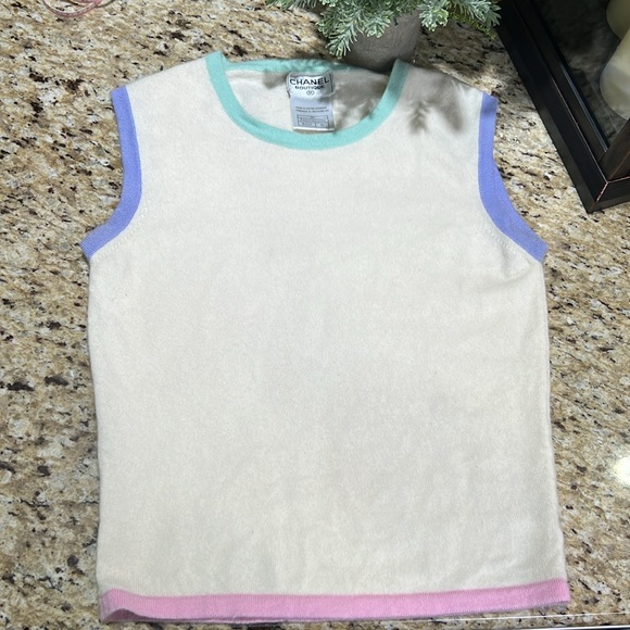 CHANEL Cashmere VTG 98' Cream Sweater Color Trim Sleeveless Sweater Top 40FR - Picture 2 of 9